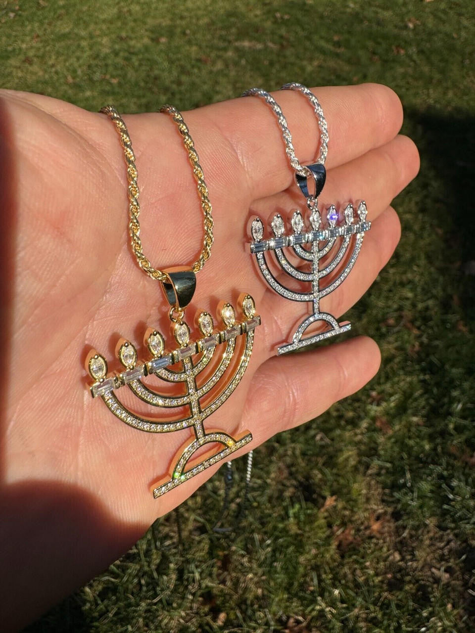 MOISSANITE Iced Jewish Menorah Hebrew Israelite Pendant - 14k Gold Vermeil Or 925 Silver - Medium 1.5"