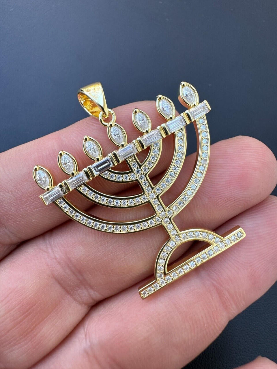 MOISSANITE Iced Jewish Menorah Hebrew Israelite Pendant - 14k Gold Vermeil Or 925 Silver - Medium 1.5"