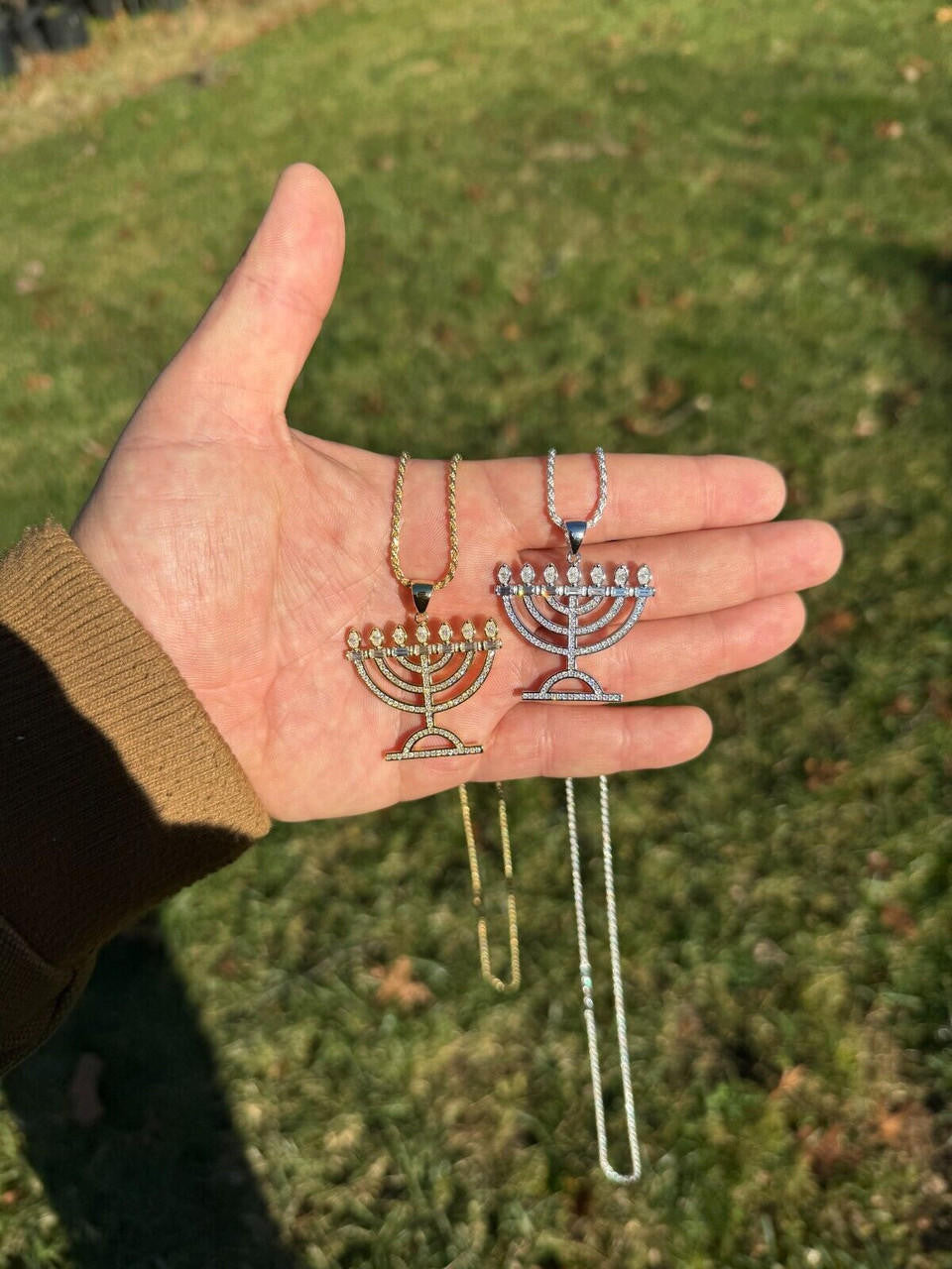 MOISSANITE Iced Jewish Menorah Hebrew Israelite Pendant - 14k Gold Vermeil Or 925 Silver - Medium 1.5"