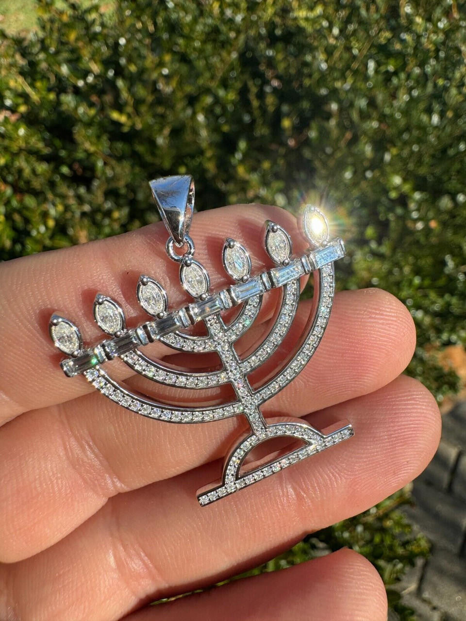 MOISSANITE Iced Jewish Menorah Hebrew Israelite Pendant - 14k Gold Vermeil Or 925 Silver - Medium 1.5"