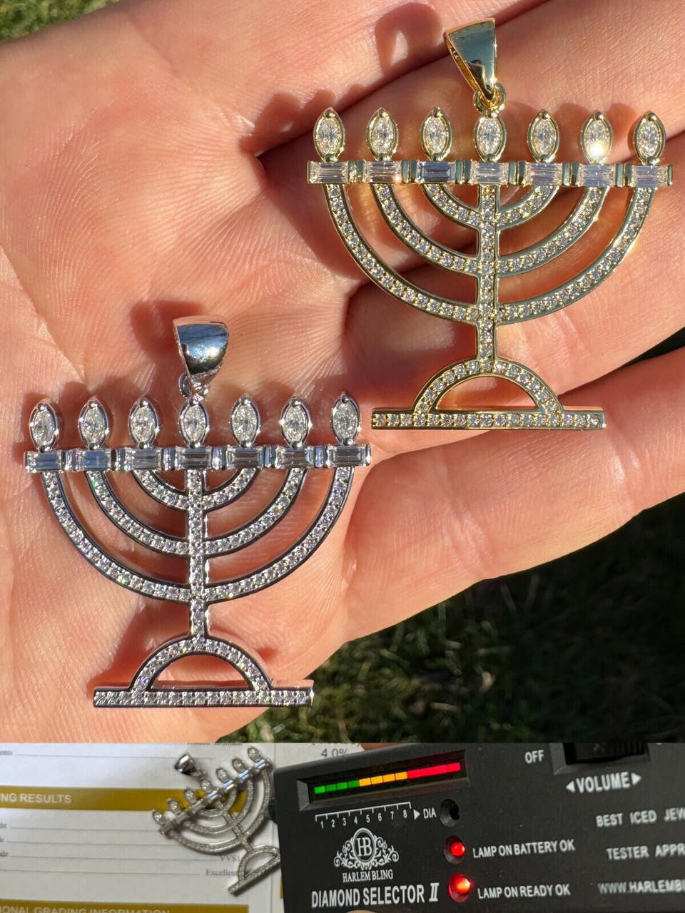 MOISSANITE Iced Jewish Menorah Hebrew Israelite Pendant - 14k Gold Vermeil Or 925 Silver - Medium 1.5"