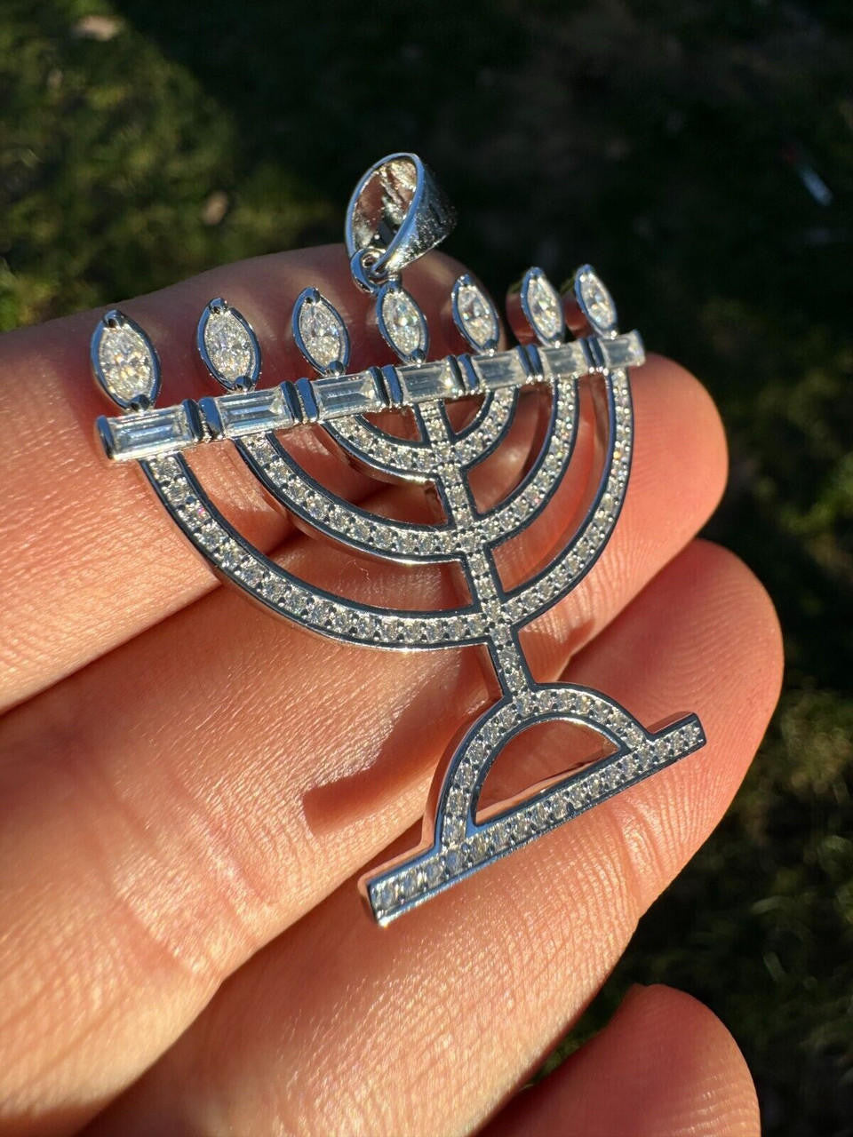 MOISSANITE Iced Jewish Menorah Hebrew Israelite Pendant - 14k Gold Vermeil Or 925 Silver - Medium 1.5"