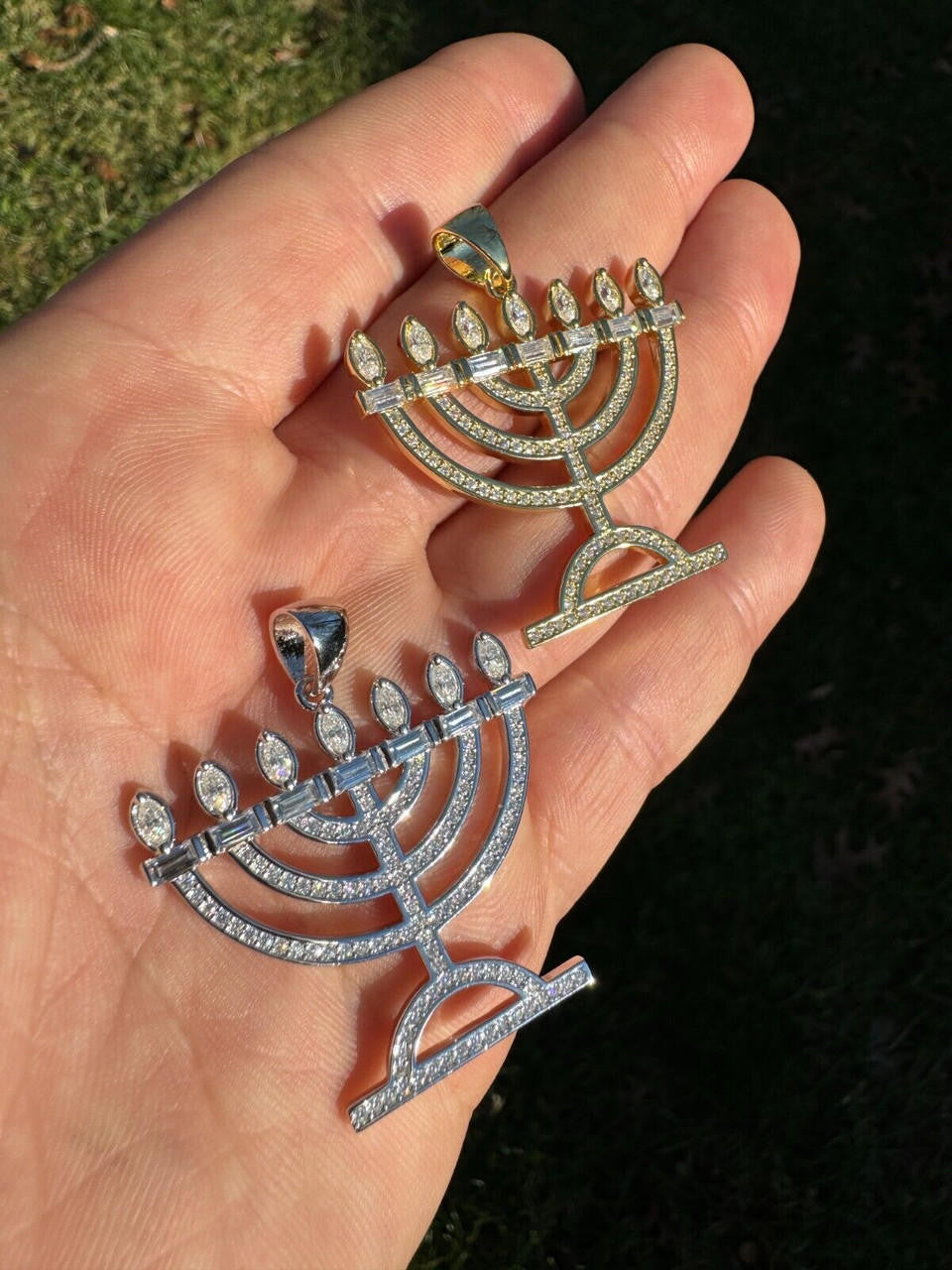 MOISSANITE Iced Jewish Menorah Hebrew Israelite Pendant - 14k Gold Vermeil Or 925 Silver - Medium 1.5"
