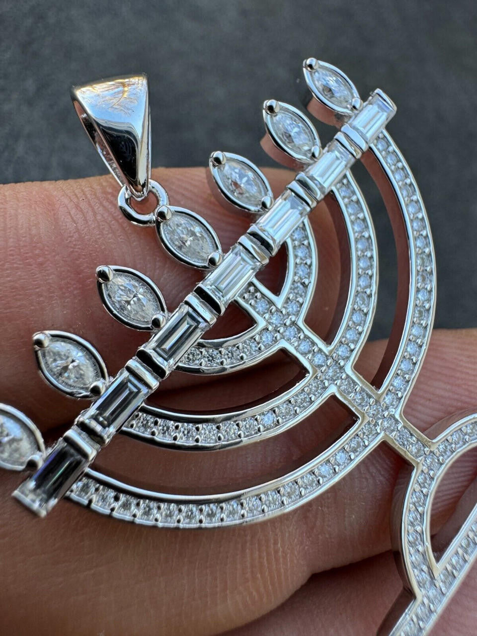 MOISSANITE Iced Jewish Menorah Hebrew Israelite Pendant - 14k Gold Vermeil Or 925 Silver - Medium 1.5"