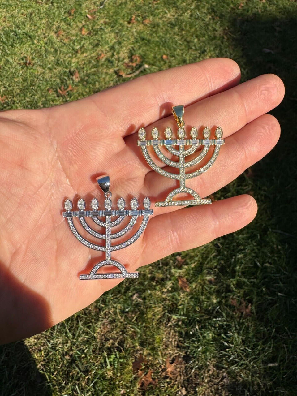 MOISSANITE Iced Jewish Menorah Hebrew Israelite Pendant - 14k Gold Vermeil Or 925 Silver - Medium 1.5"