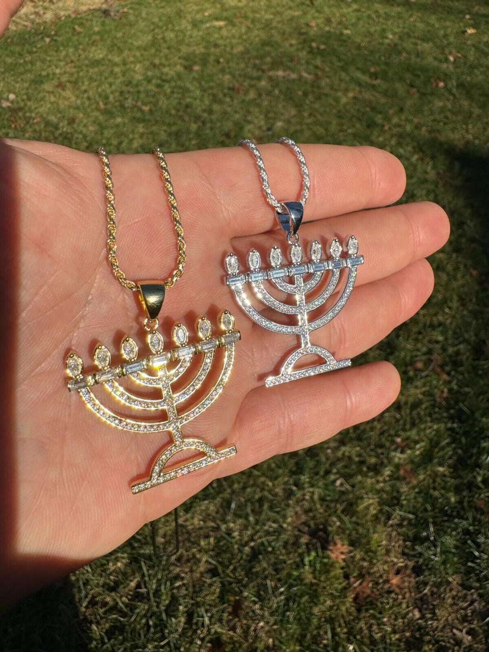 MOISSANITE Iced Jewish Menorah Hebrew Israelite Pendant - 14k Gold Vermeil Or 925 Silver - Medium 1.5"