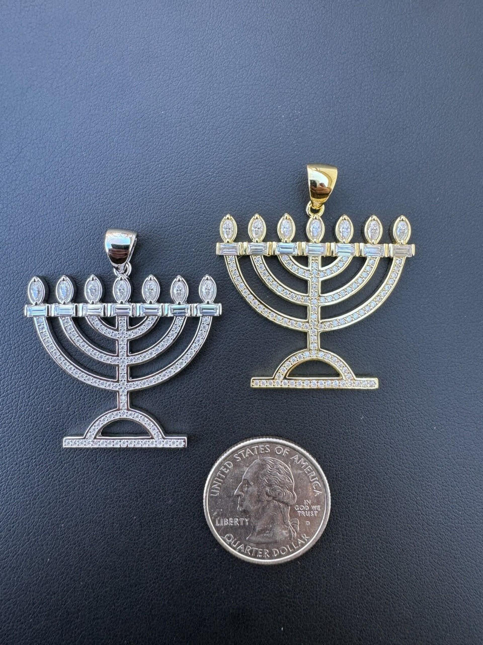 MOISSANITE Iced Jewish Menorah Hebrew Israelite Pendant - 14k Gold Vermeil Or 925 Silver - Medium 1.5"