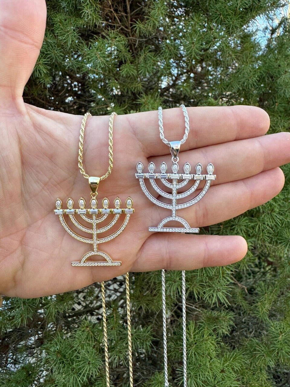 MOISSANITE Iced Jewish Menorah Hebrew Israelite Pendant - 14k Gold Vermeil Or 925 Silver - Medium 1.5"