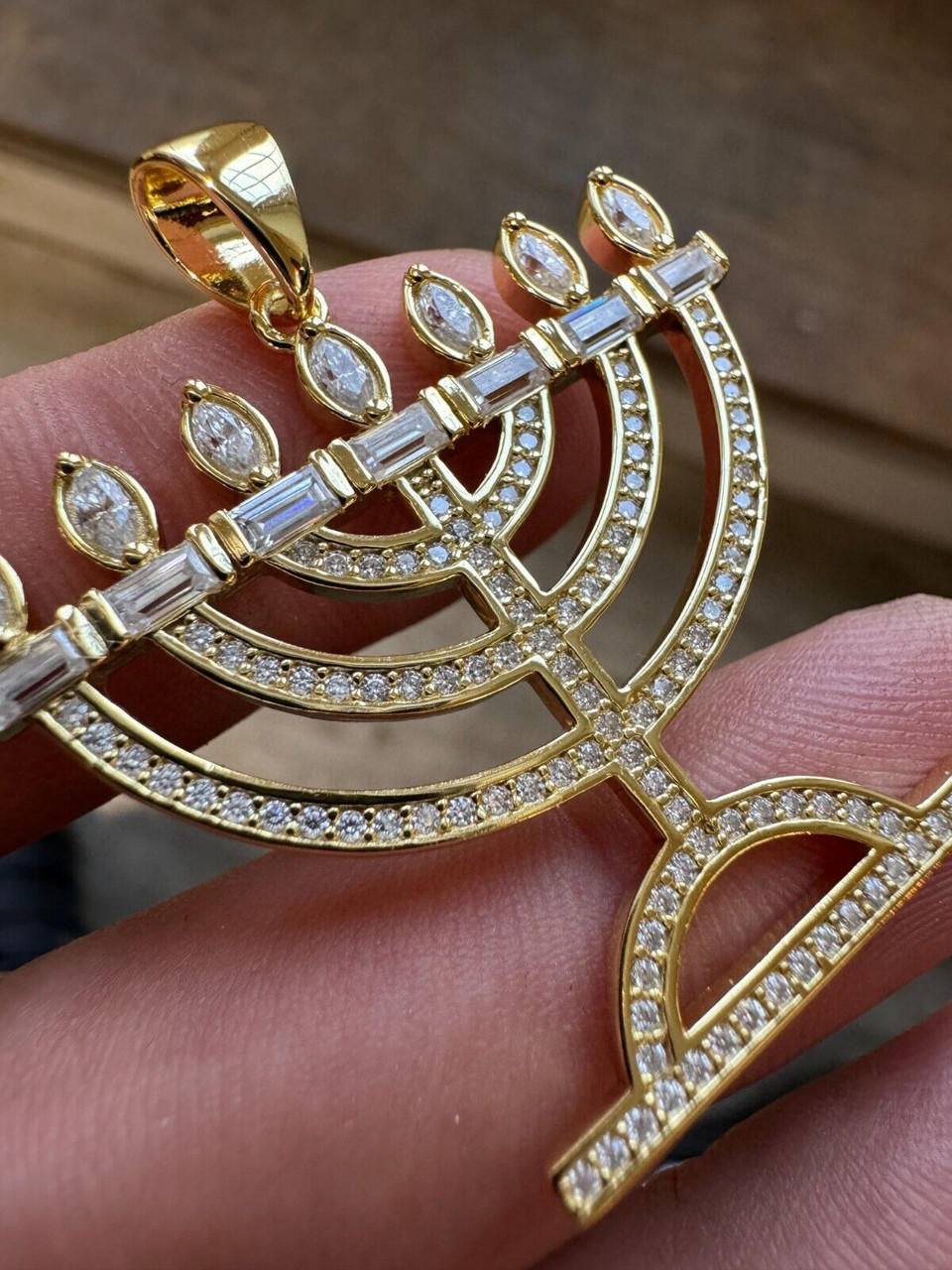 MOISSANITE Iced Jewish Menorah Hebrew Israelite Pendant - 14k Gold Vermeil Or 925 Silver - Medium 1.5"