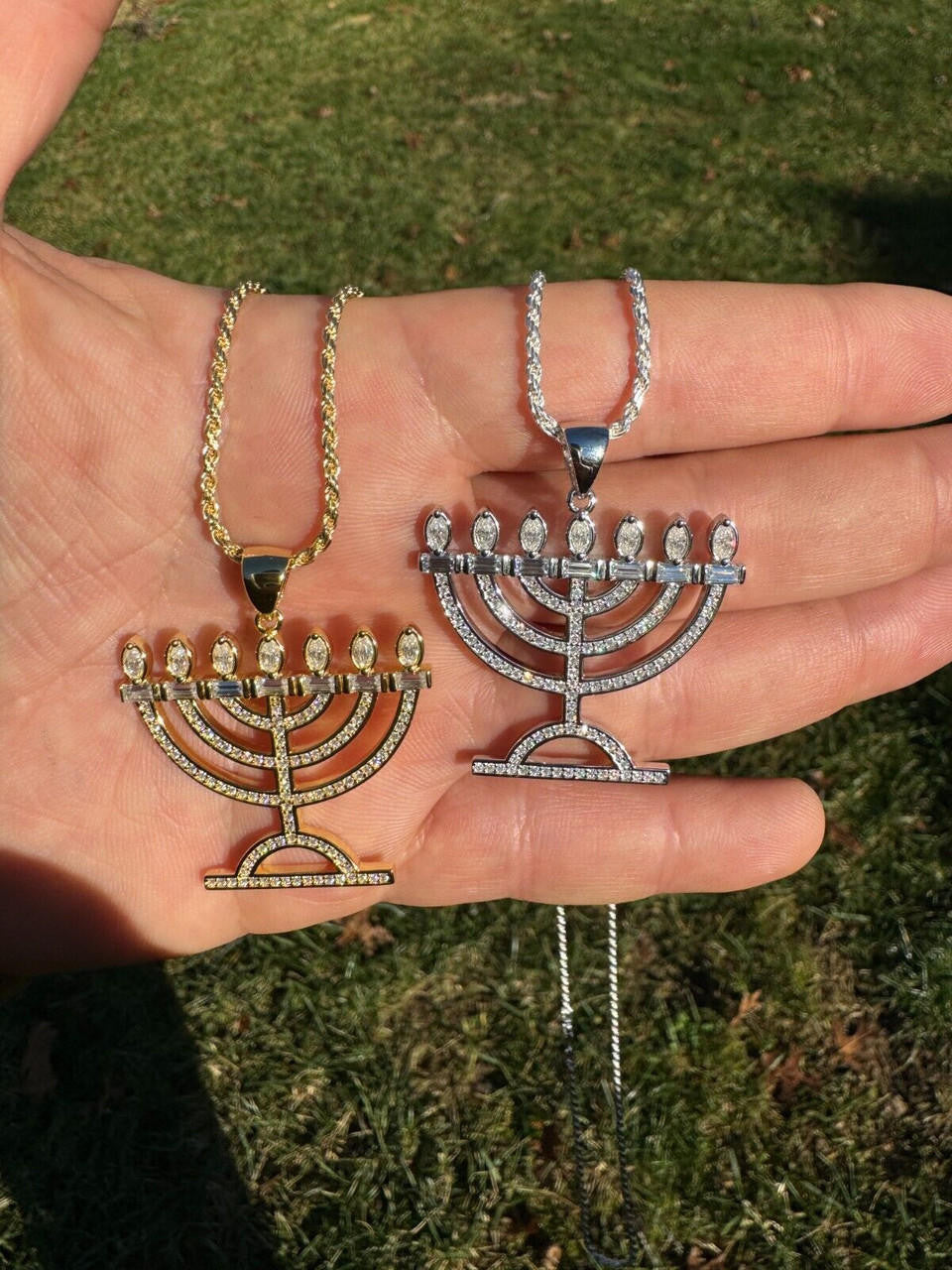 MOISSANITE Iced Jewish Menorah Hebrew Israelite Pendant - 14k Gold Vermeil Or 925 Silver - Medium 1.5"
