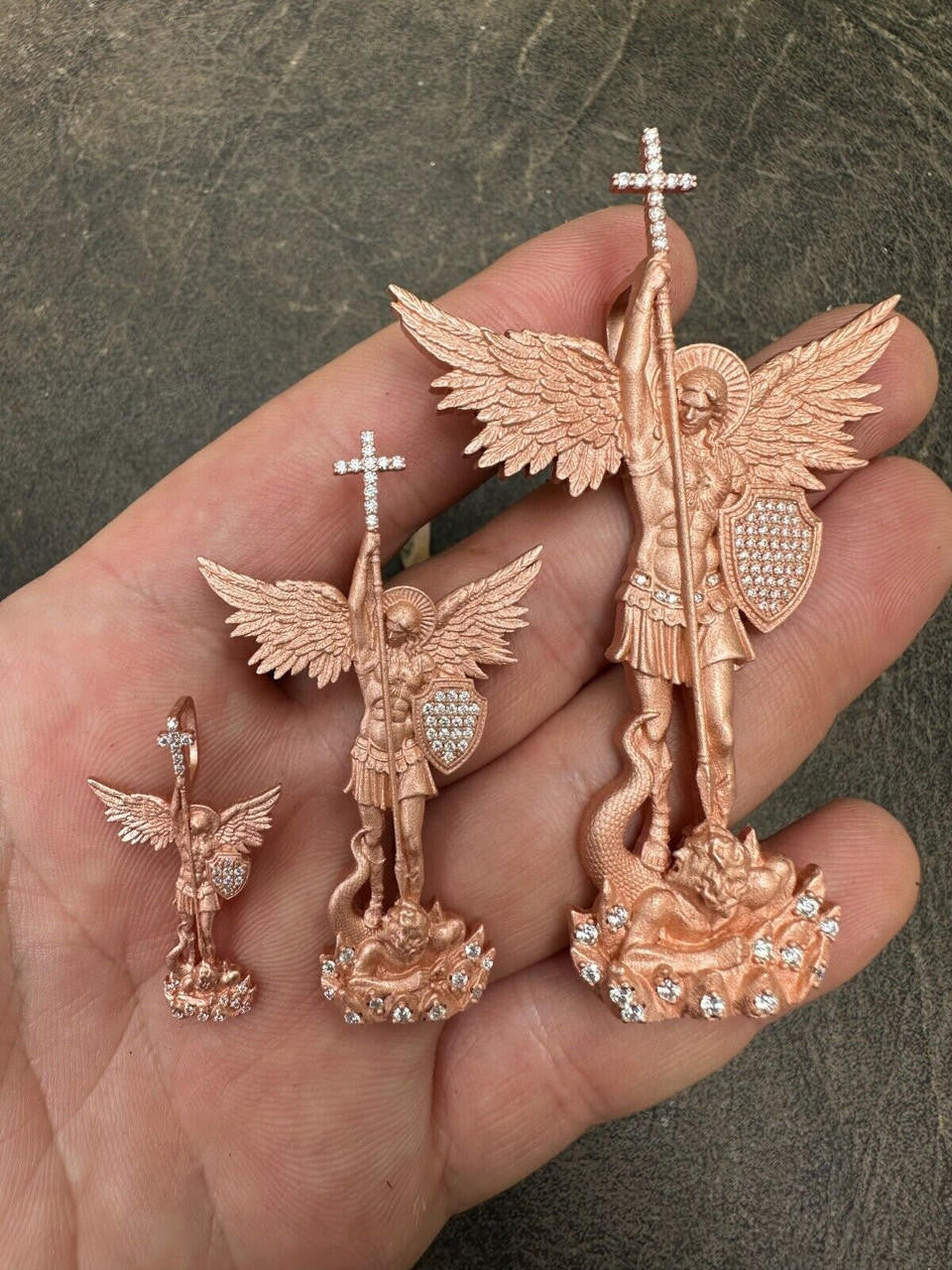 MOISSANITE Saint Michael Slaying Dragon Archangel Pendant - Sandblasted Matte Finish 14k Rose Vermeil 925 Silver - 3 Sizes 1"-3"