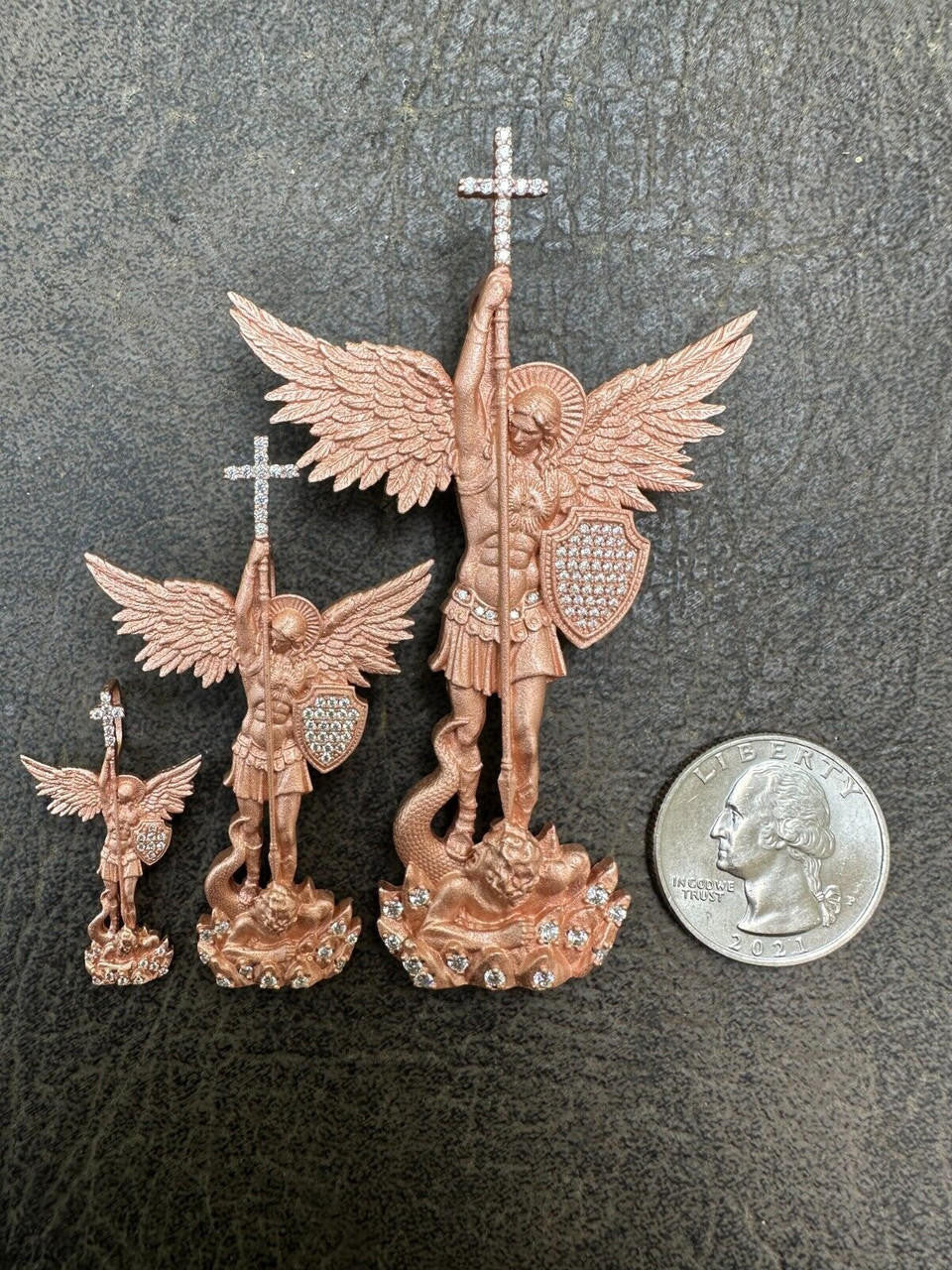 MOISSANITE Saint Michael Slaying Dragon Archangel Pendant - Sandblasted Matte Finish 14k Rose Vermeil 925 Silver - 3 Sizes 1"-3"