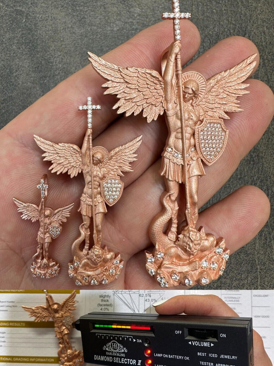 MOISSANITE Saint Michael Slaying Dragon Archangel Pendant - Sandblasted Matte Finish 14k Rose Vermeil 925 Silver - 3 Sizes 1"-3"