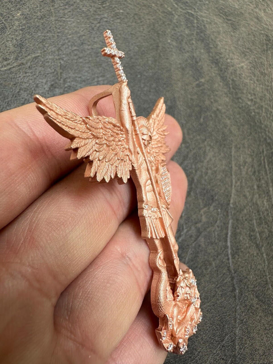 MOISSANITE Saint Michael Slaying Dragon Archangel Pendant - Sandblasted Matte Finish 14k Rose Vermeil 925 Silver - 3 Sizes 1"-3"