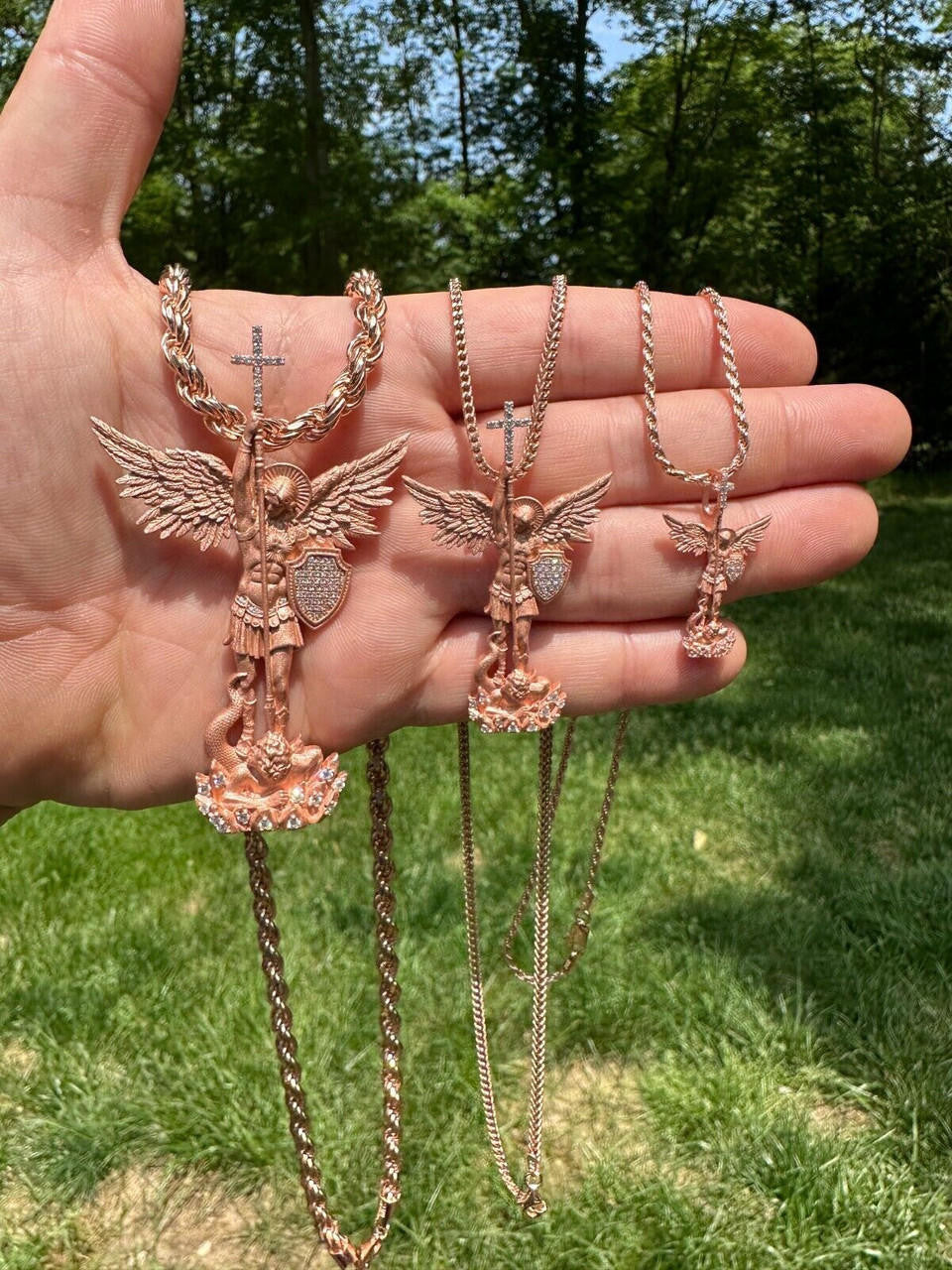 MOISSANITE Saint Michael Slaying Dragon Archangel Pendant - Sandblasted Matte Finish 14k Rose Vermeil 925 Silver - 3 Sizes 1"-3"