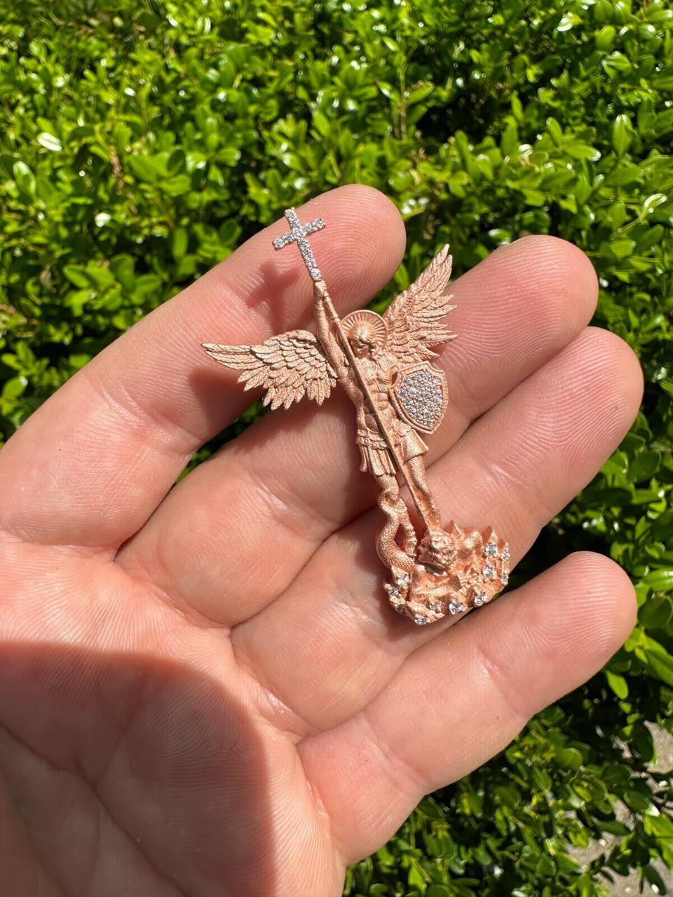 MOISSANITE Saint Michael Slaying Dragon Archangel Pendant - Sandblasted Matte Finish 14k Rose Vermeil 925 Silver - 3 Sizes 1"-3"