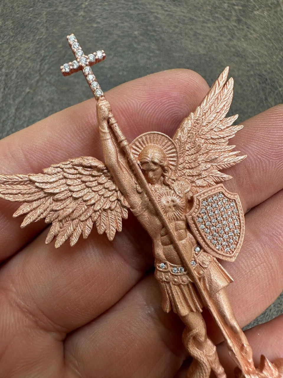 MOISSANITE Saint Michael Slaying Dragon Archangel Pendant - Sandblasted Matte Finish 14k Rose Vermeil 925 Silver - 3 Sizes 1"-3"