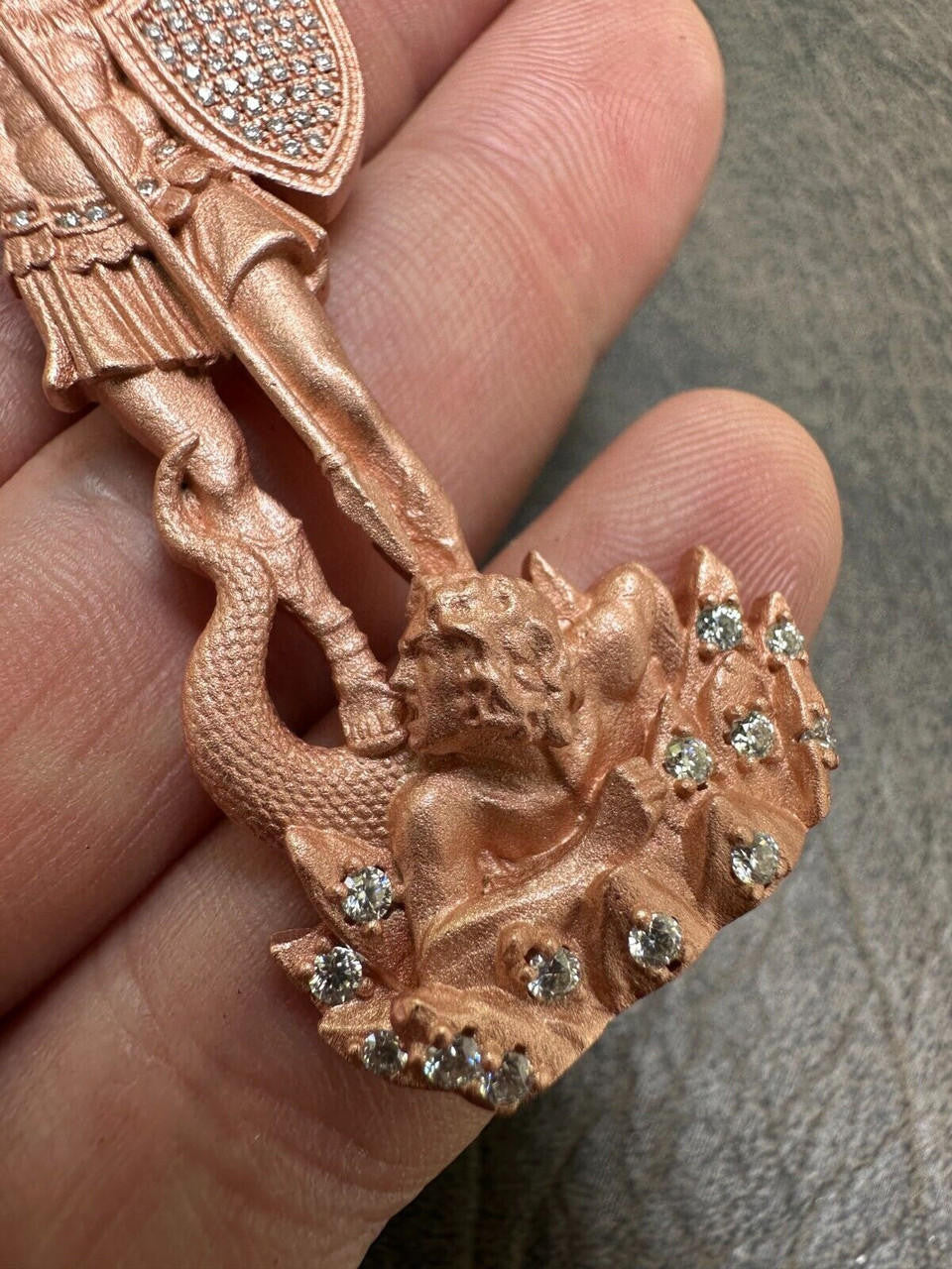 MOISSANITE Saint Michael Slaying Dragon Archangel Pendant - Sandblasted Matte Finish 14k Rose Vermeil 925 Silver - 3 Sizes 1"-3"