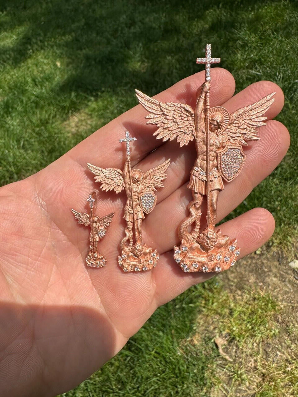 MOISSANITE Saint Michael Slaying Dragon Archangel Pendant - Sandblasted Matte Finish 14k Rose Vermeil 925 Silver - 3 Sizes 1"-3"