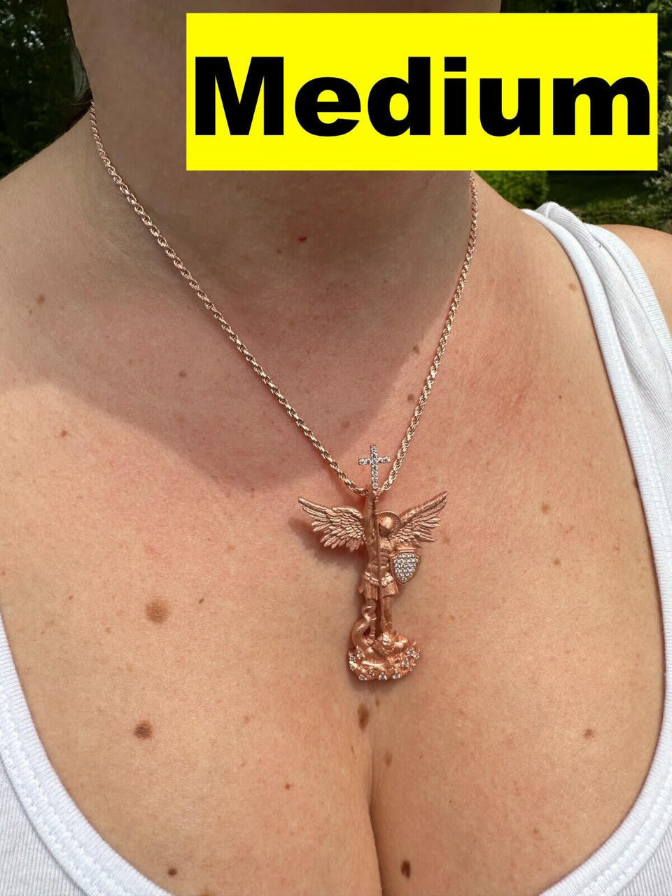 MOISSANITE Saint Michael Slaying Dragon Archangel Pendant - Sandblasted Matte Finish 14k Rose Vermeil 925 Silver - 3 Sizes 1"-3"