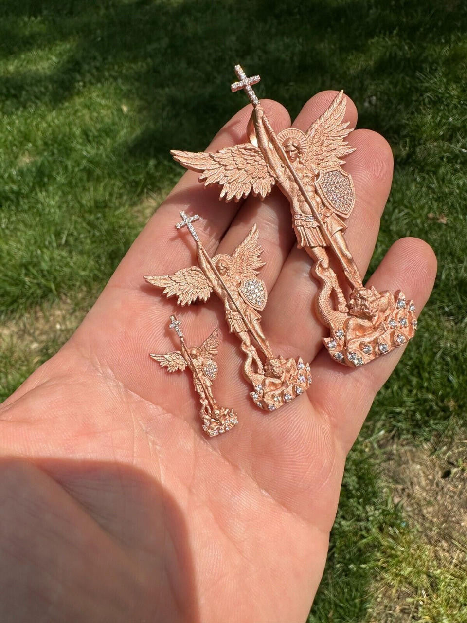 MOISSANITE Saint Michael Slaying Dragon Archangel Pendant - Sandblasted Matte Finish 14k Rose Vermeil 925 Silver - 3 Sizes 1"-3"