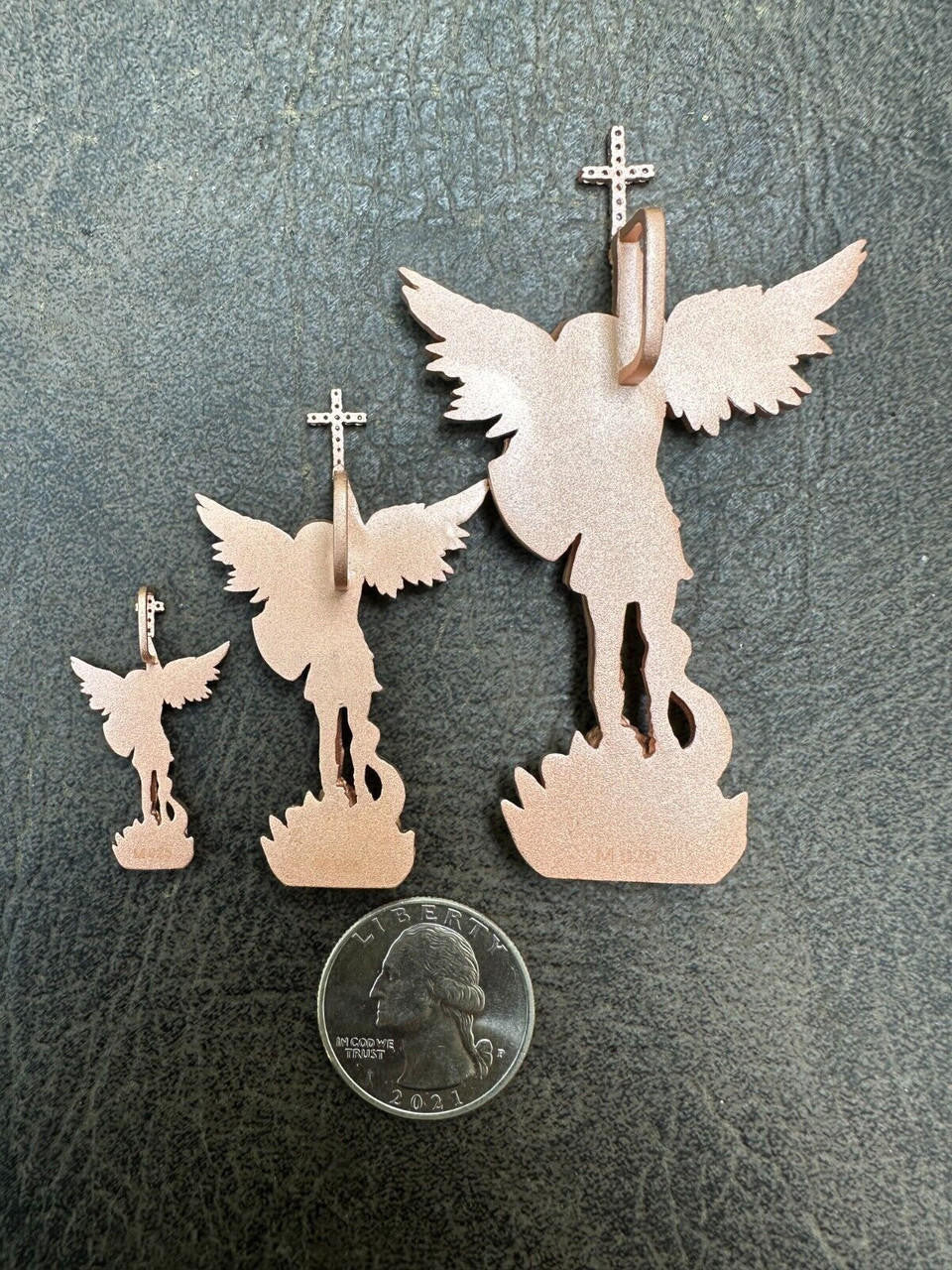 MOISSANITE Saint Michael Slaying Dragon Archangel Pendant - Sandblasted Matte Finish 14k Rose Vermeil 925 Silver - 3 Sizes 1"-3"