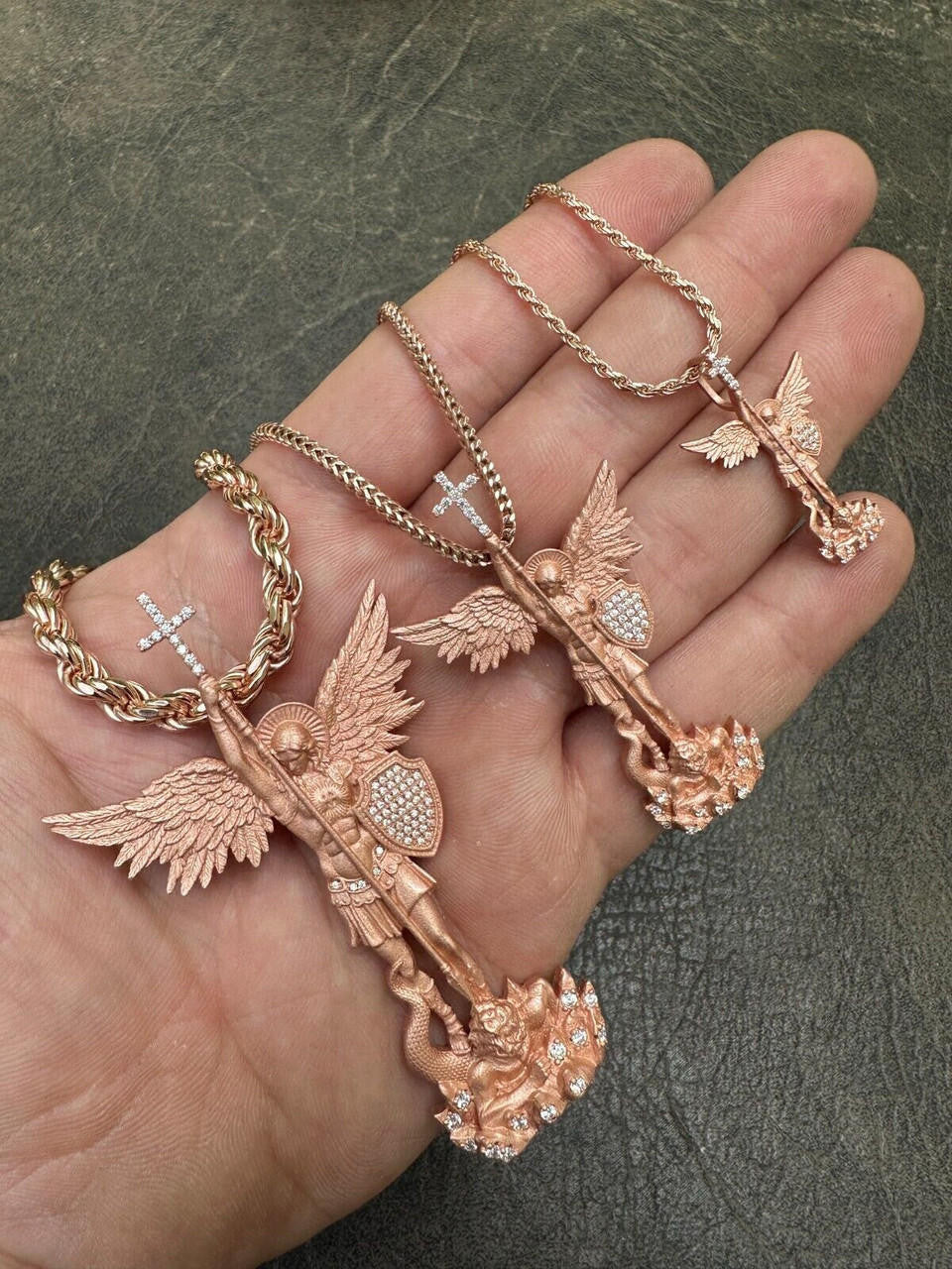MOISSANITE Saint Michael Slaying Dragon Archangel Pendant - Sandblasted Matte Finish 14k Rose Vermeil 925 Silver - 3 Sizes 1"-3"