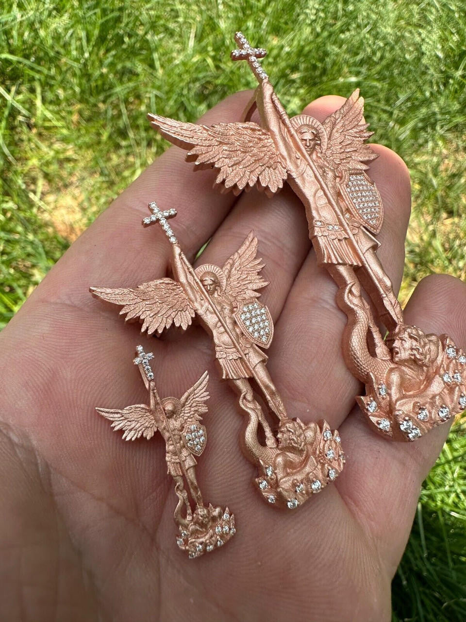 MOISSANITE Saint Michael Slaying Dragon Archangel Pendant - Sandblasted Matte Finish 14k Rose Vermeil 925 Silver - 3 Sizes 1"-3"