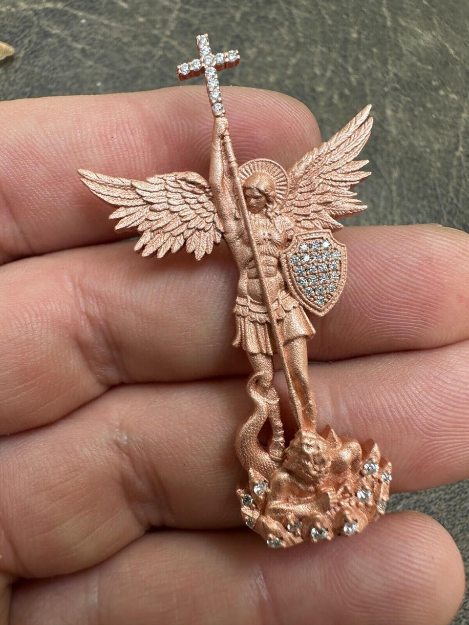MOISSANITE Saint Michael Slaying Dragon Archangel Pendant - Sandblasted Matte Finish 14k Rose Vermeil 925 Silver - 3 Sizes 1"-3"