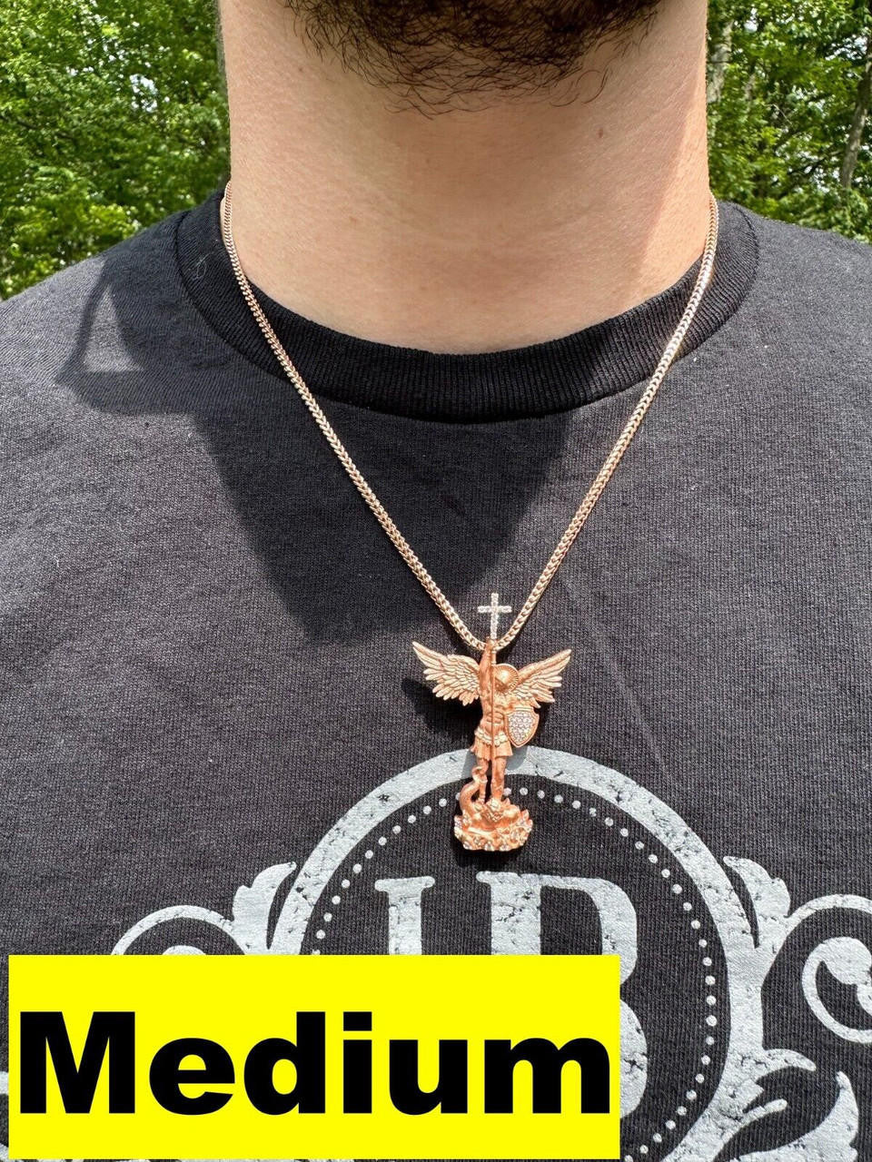 MOISSANITE Saint Michael Slaying Dragon Archangel Pendant - Sandblasted Matte Finish 14k Rose Vermeil 925 Silver - 3 Sizes 1"-3"