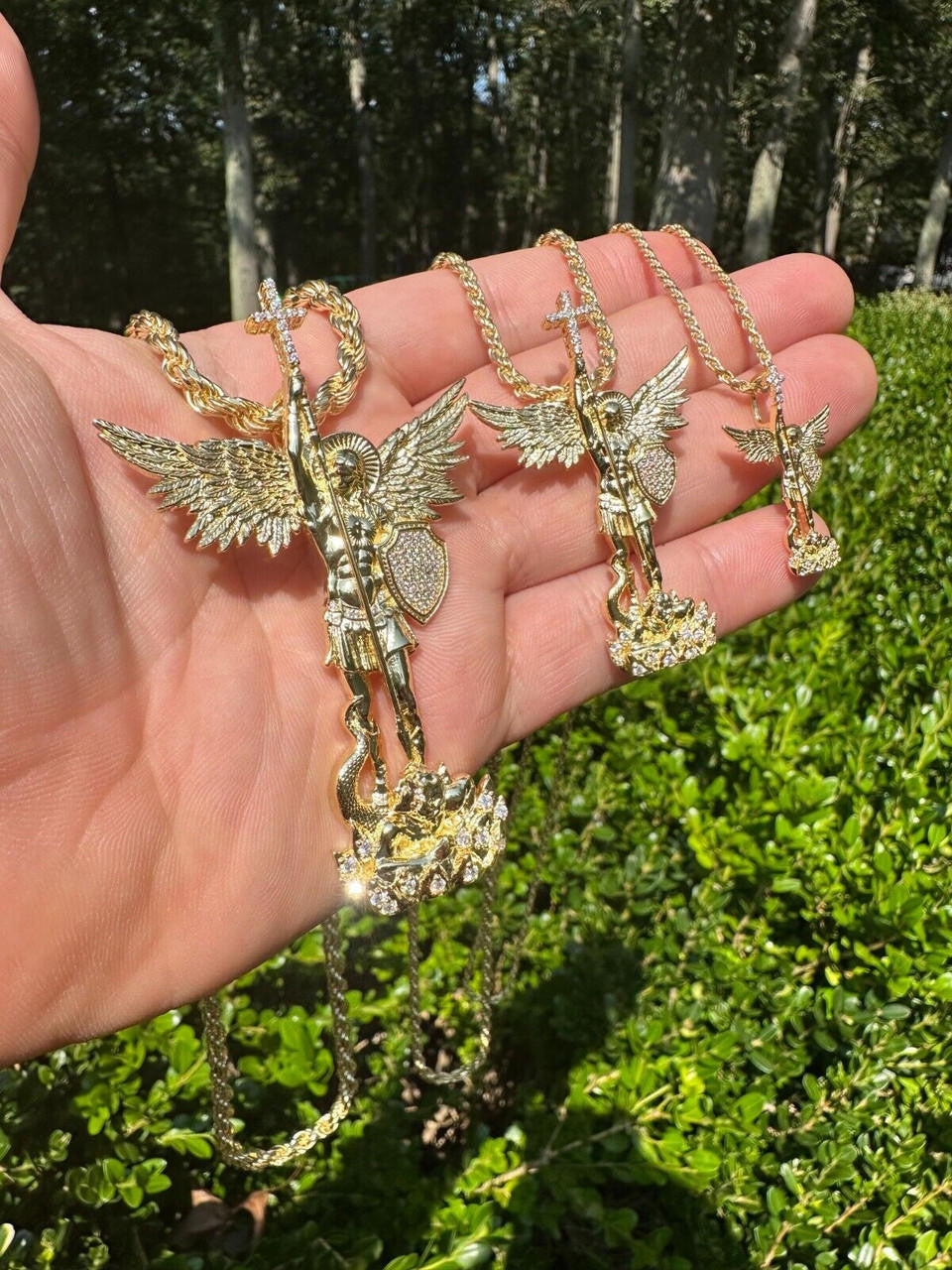 MOISSANITE Saint St Michael Slaying Dragon Archangel Pendant - 14k Gold Vermeil 925 Silver - 3 Sizes 1"-3"