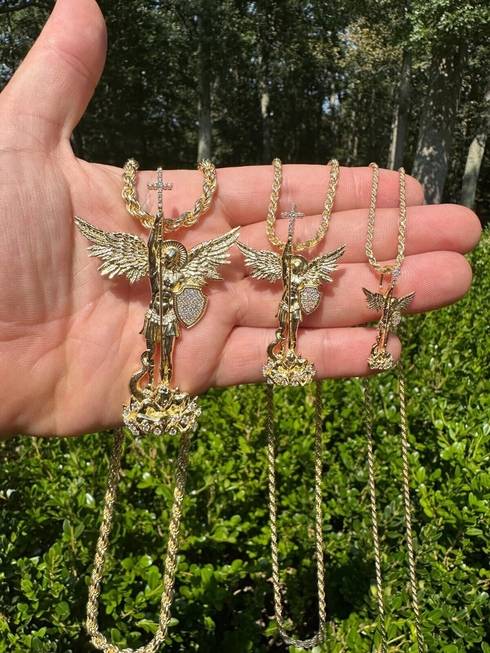 MOISSANITE Saint St Michael Slaying Dragon Archangel Pendant - 14k Gold Vermeil 925 Silver - 3 Sizes 1"-3"