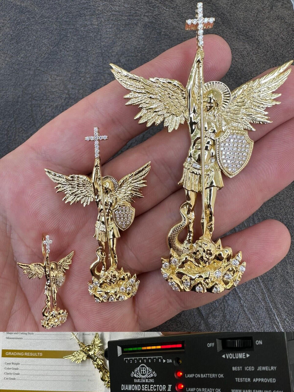 MOISSANITE Saint St Michael Slaying Dragon Archangel Pendant - 14k Gold Vermeil 925 Silver - 3 Sizes 1"-3"