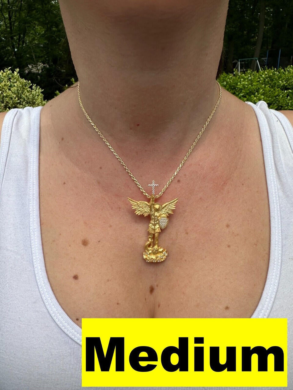 MOISSANITE Saint Michael Slaying Dragon Archangel Pendant - Sandblasted Matte Finish 14k Gold Vermeil 925 Silver - 3 Sizes 1"-3"