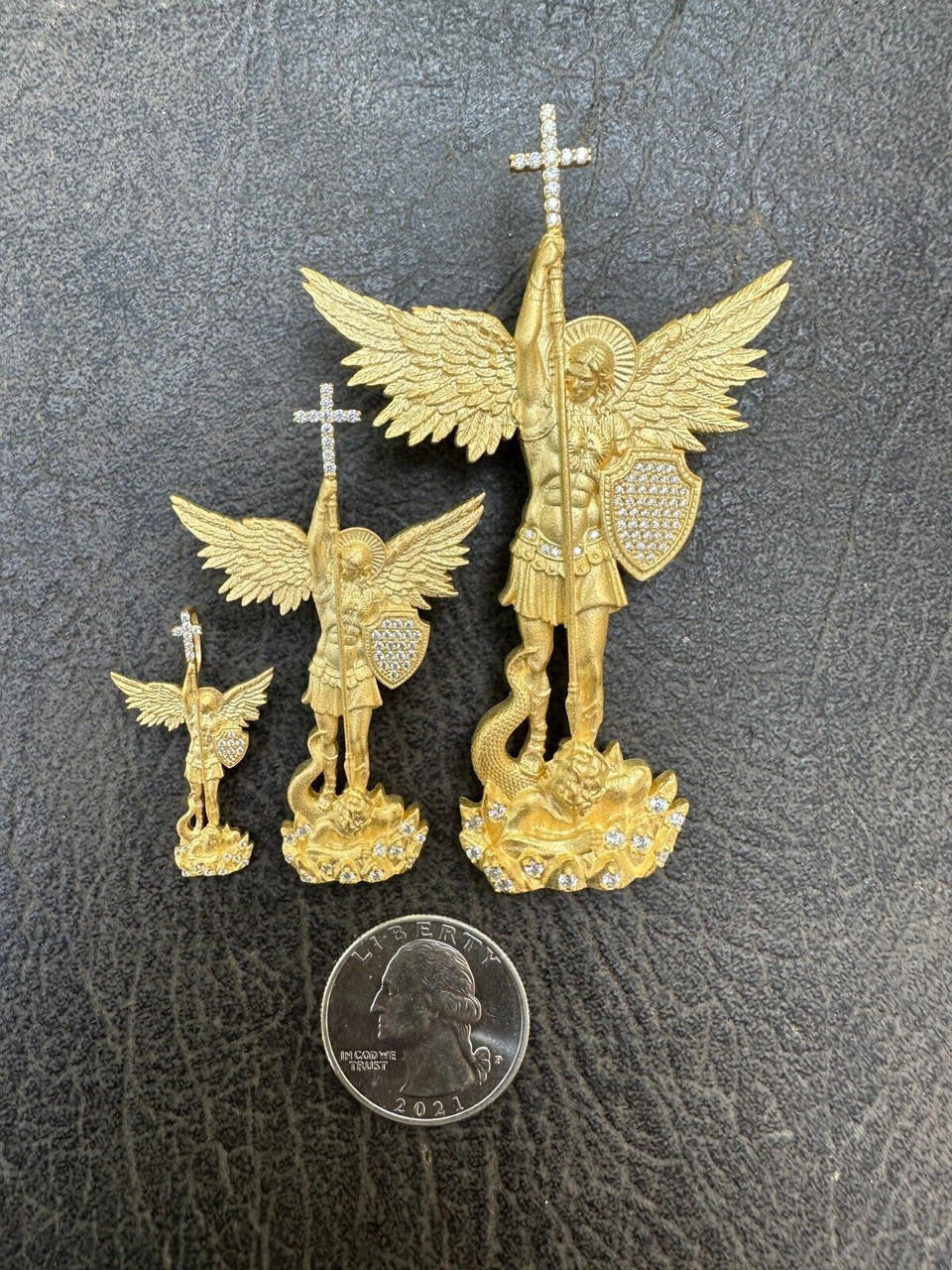 MOISSANITE Saint Michael Slaying Dragon Archangel Pendant - Sandblasted Matte Finish 14k Gold Vermeil 925 Silver - 3 Sizes 1"-3"