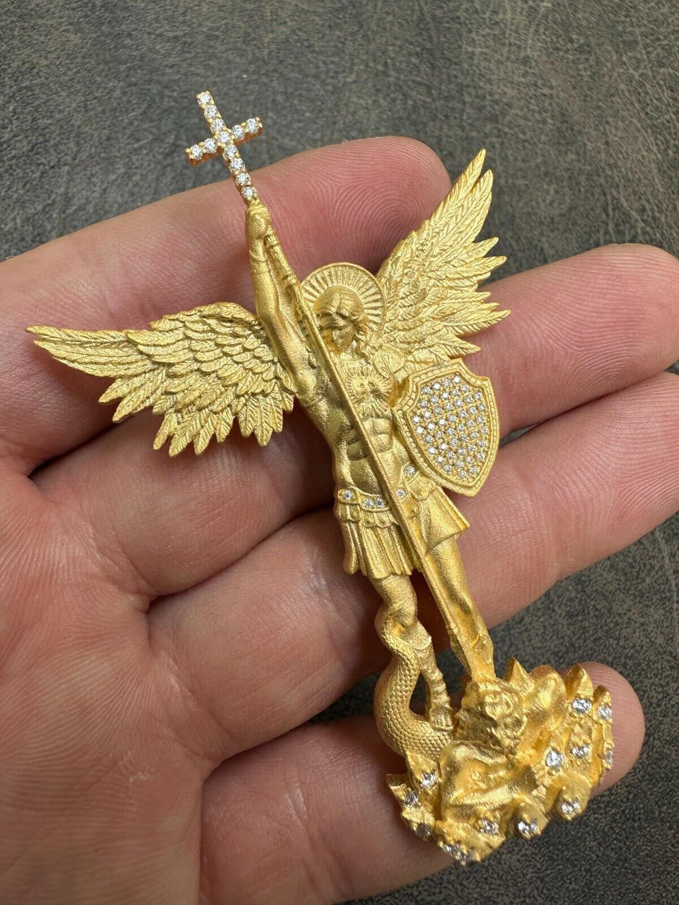 MOISSANITE Saint Michael Slaying Dragon Archangel Pendant - Sandblasted Matte Finish 14k Gold Vermeil 925 Silver - 3 Sizes 1"-3"