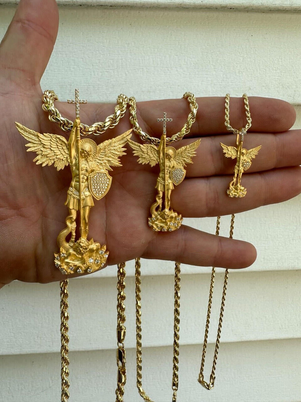 MOISSANITE Saint Michael Slaying Dragon Archangel Pendant - Sandblasted Matte Finish 14k Gold Vermeil 925 Silver - 3 Sizes 1"-3"