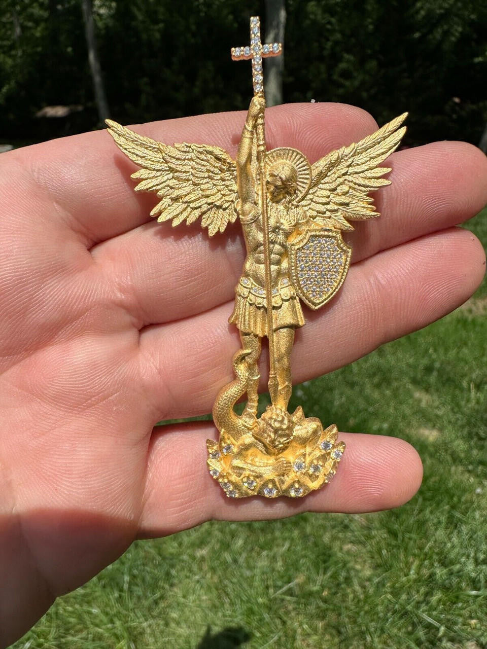 MOISSANITE Saint Michael Slaying Dragon Archangel Pendant - Sandblasted Matte Finish 14k Gold Vermeil 925 Silver - 3 Sizes 1"-3"