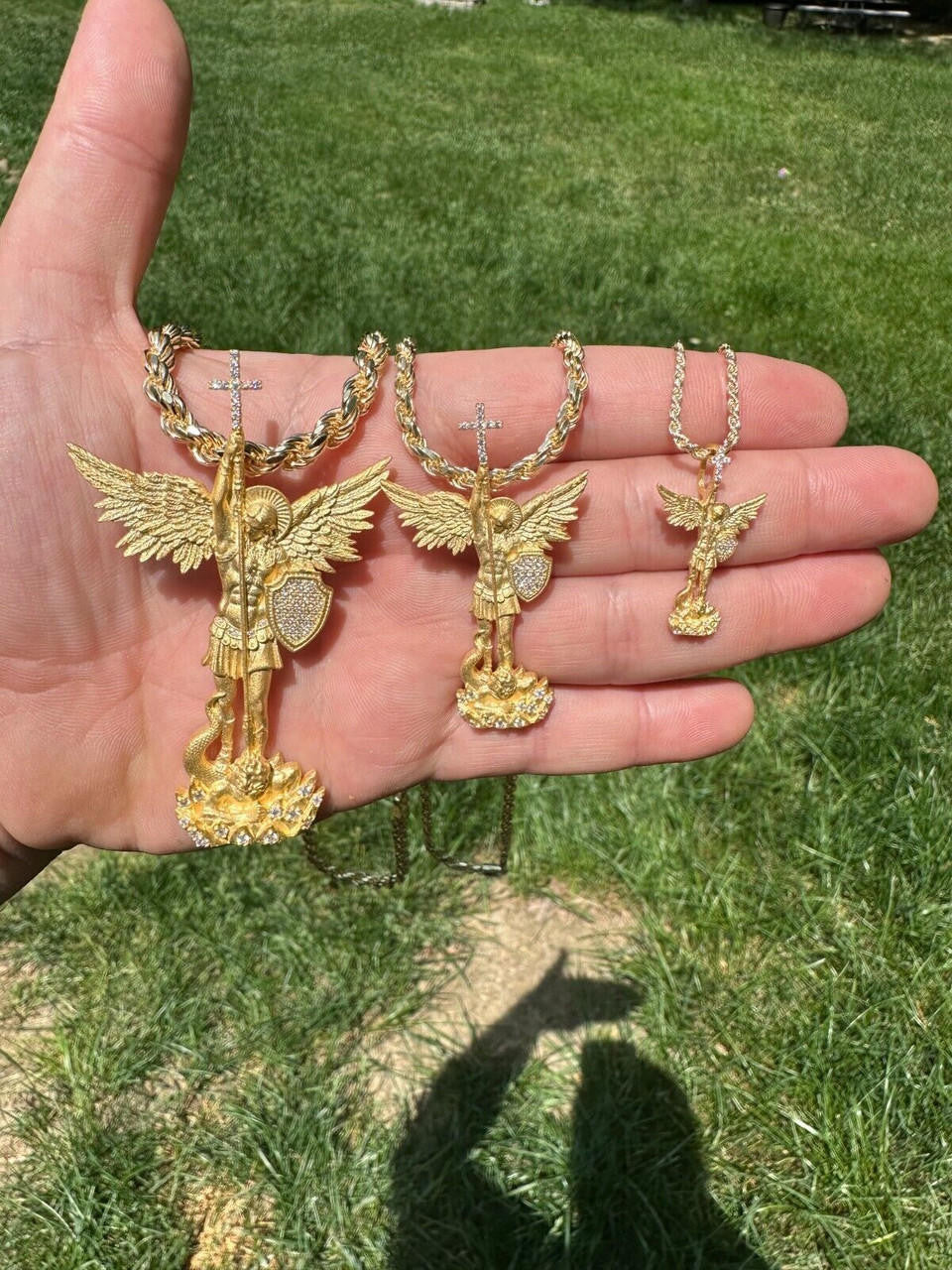 MOISSANITE Saint Michael Slaying Dragon Archangel Pendant - Sandblasted Matte Finish 14k Gold Vermeil 925 Silver - 3 Sizes 1"-3"