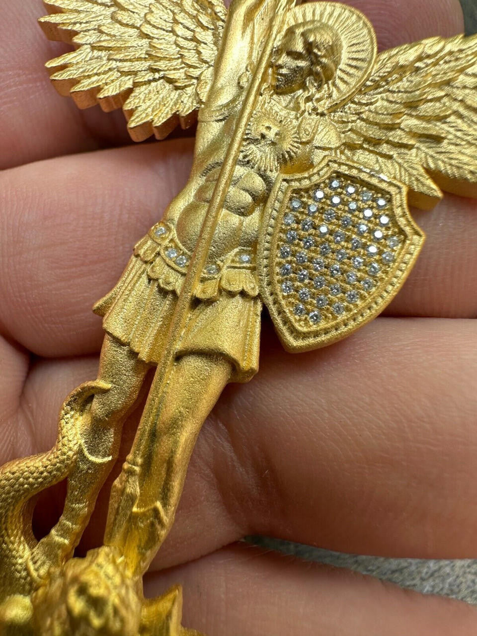MOISSANITE Saint Michael Slaying Dragon Archangel Pendant - Sandblasted Matte Finish 14k Gold Vermeil 925 Silver - 3 Sizes 1"-3"