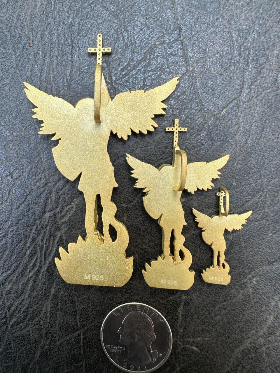 MOISSANITE Saint Michael Slaying Dragon Archangel Pendant - Sandblasted Matte Finish 14k Gold Vermeil 925 Silver - 3 Sizes 1"-3"