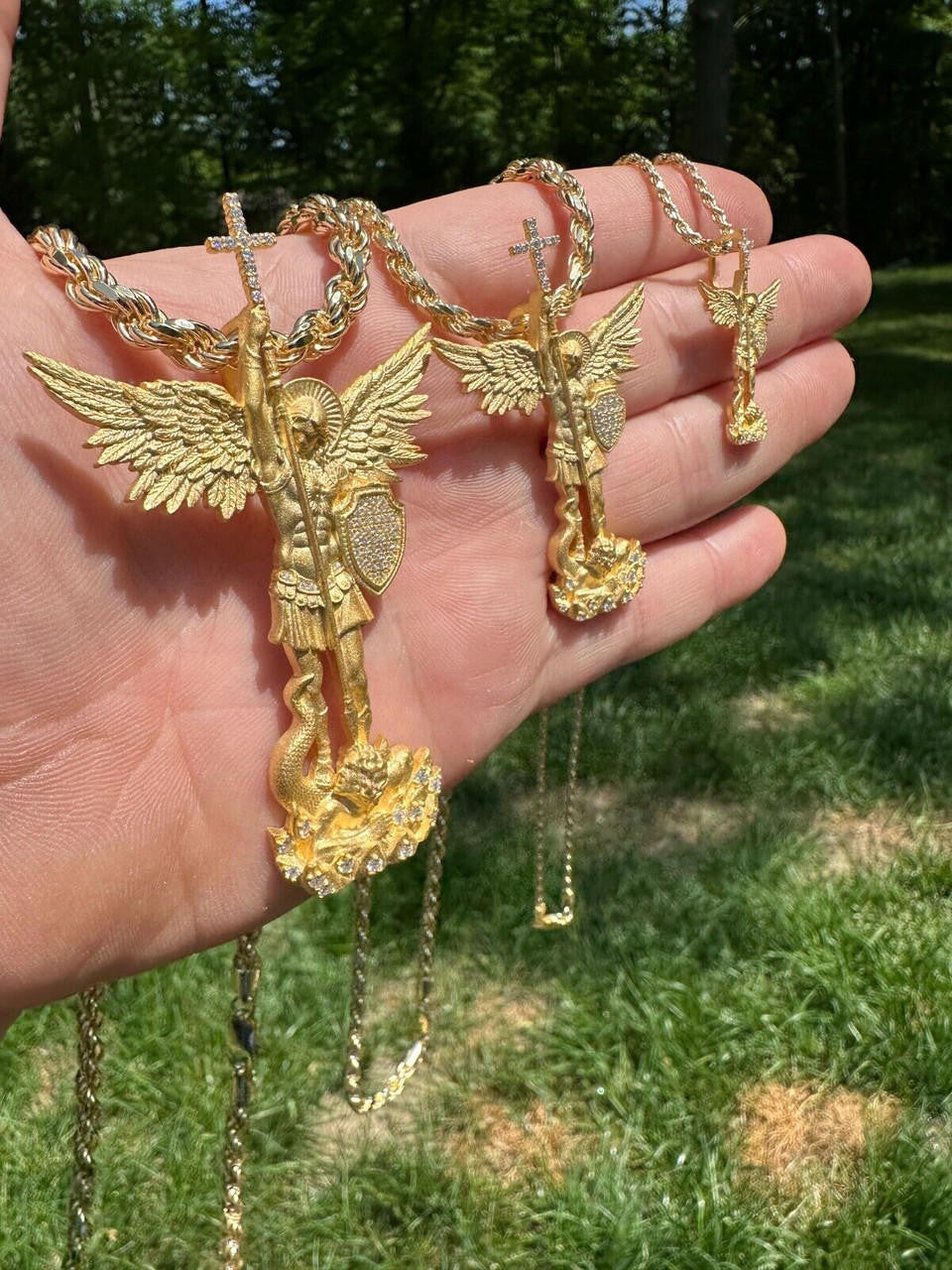 MOISSANITE Saint Michael Slaying Dragon Archangel Pendant - Sandblasted Matte Finish 14k Gold Vermeil 925 Silver - 3 Sizes 1"-3"