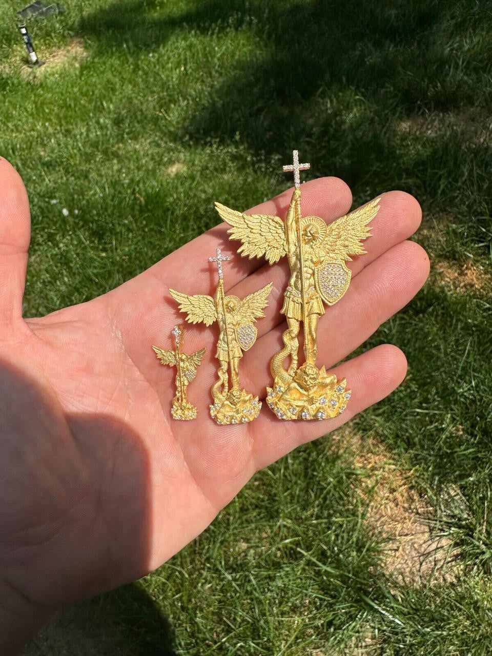MOISSANITE Saint Michael Slaying Dragon Archangel Pendant - Sandblasted Matte Finish 14k Gold Vermeil 925 Silver - 3 Sizes 1"-3"
