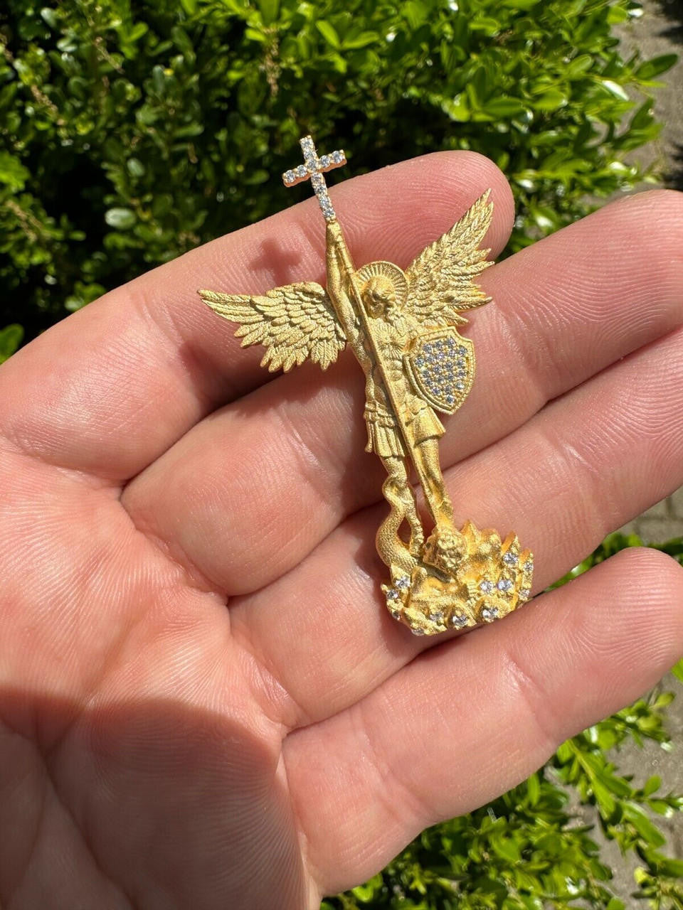 MOISSANITE Saint Michael Slaying Dragon Archangel Pendant - Sandblasted Matte Finish 14k Gold Vermeil 925 Silver - 3 Sizes 1"-3"