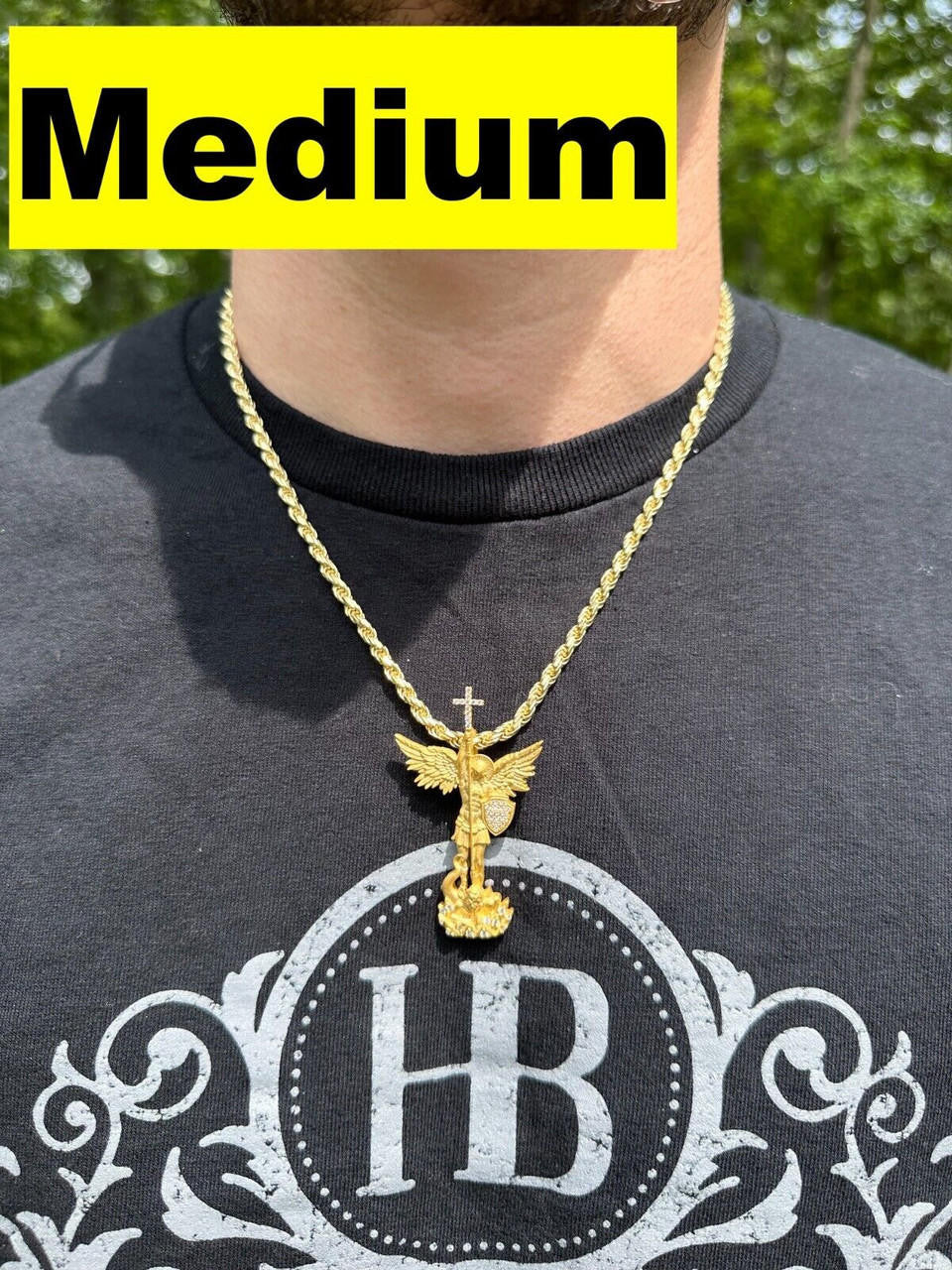 MOISSANITE Saint Michael Slaying Dragon Archangel Pendant - Sandblasted Matte Finish 14k Gold Vermeil 925 Silver - 3 Sizes 1"-3"