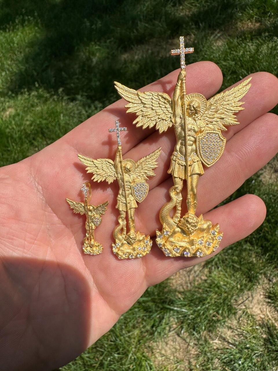 MOISSANITE Saint Michael Slaying Dragon Archangel Pendant - Sandblasted Matte Finish 14k Gold Vermeil 925 Silver - 3 Sizes 1"-3"
