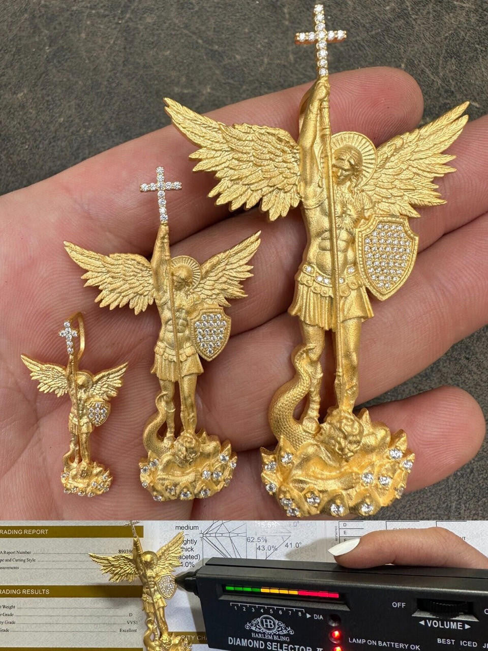 MOISSANITE Saint Michael Slaying Dragon Archangel Pendant - Sandblasted Matte Finish 14k Gold Vermeil 925 Silver - 3 Sizes 1"-3"