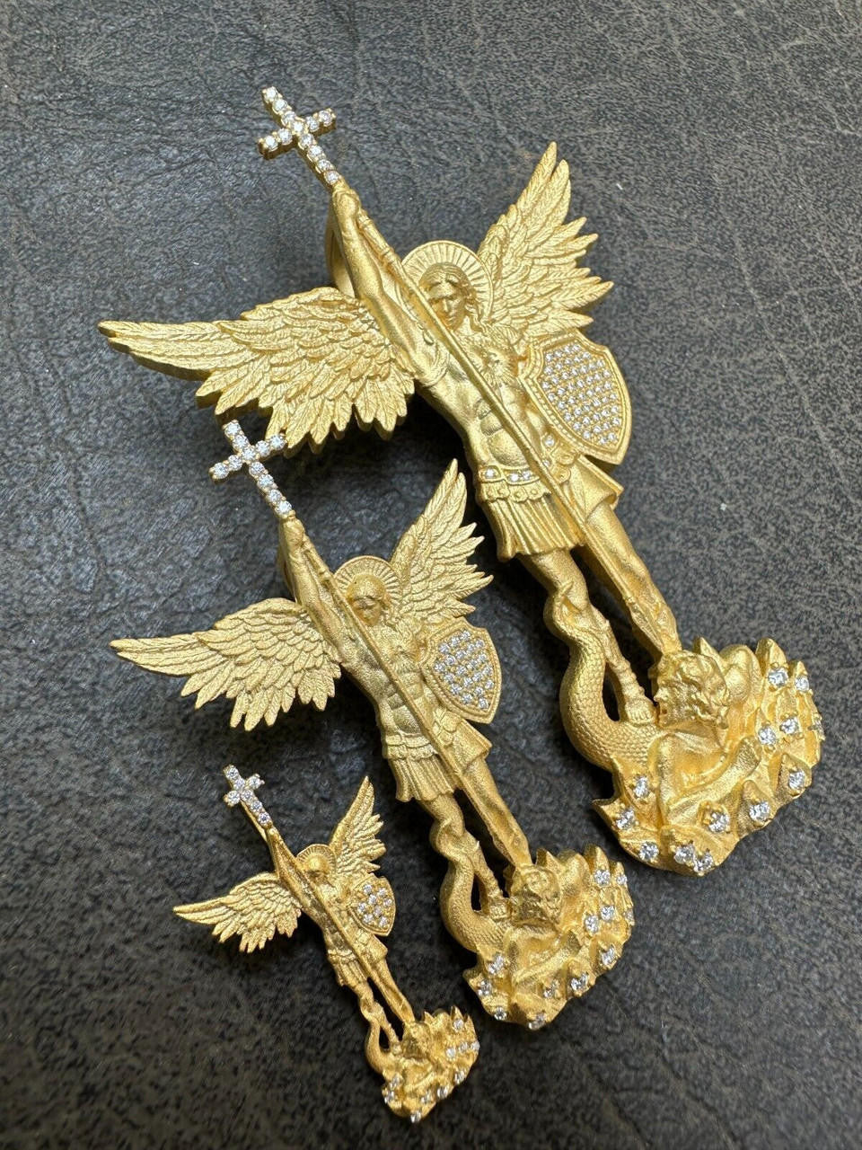MOISSANITE Saint Michael Slaying Dragon Archangel Pendant - Sandblasted Matte Finish 14k Gold Vermeil 925 Silver - 3 Sizes 1"-3"