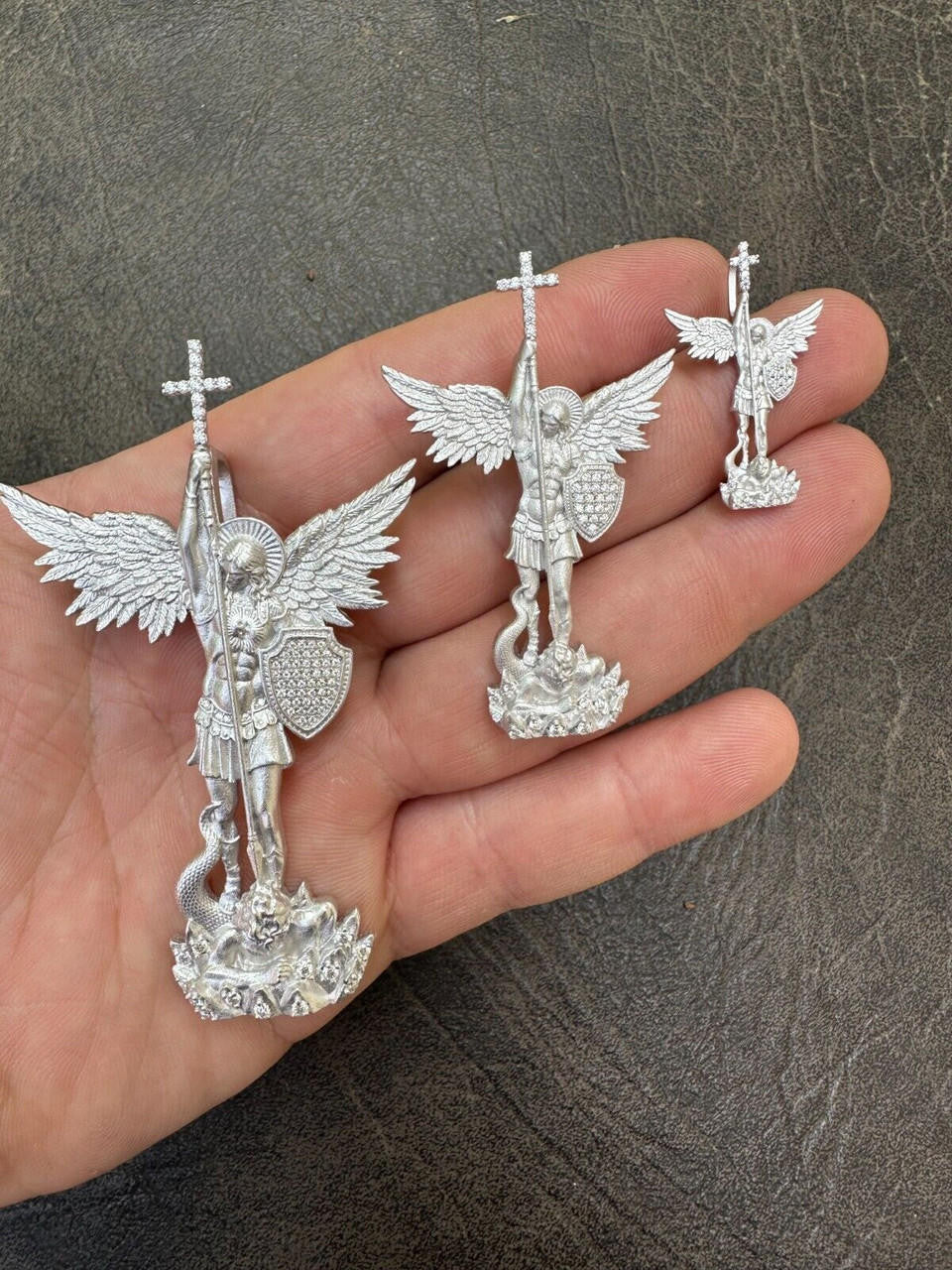 MOISSANITE Saint Michael Slaying Dragon Archangel Pendant - Sandblasted Matte Finish 925 Silver - 3 Sizes 1"-3"