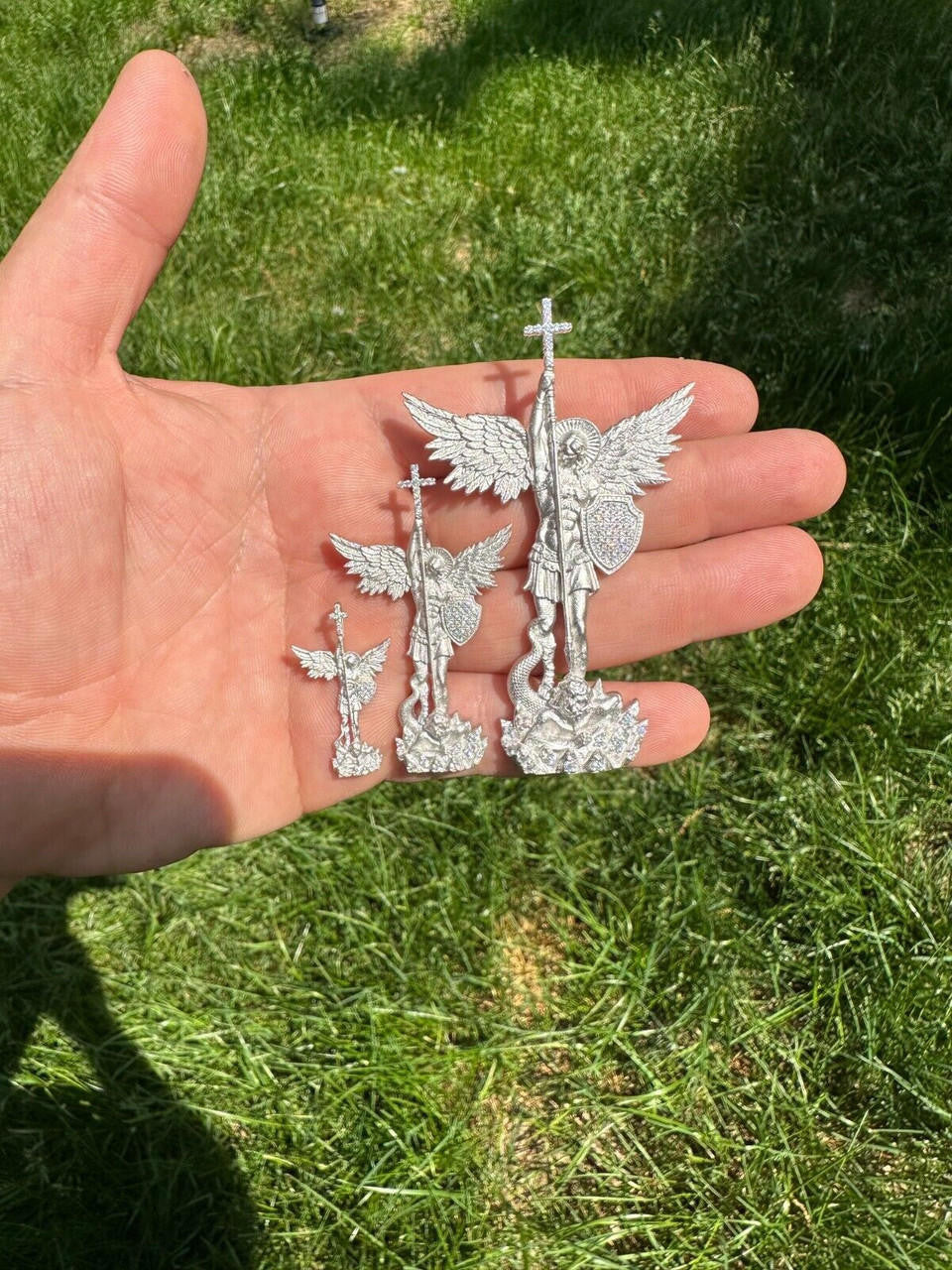 MOISSANITE Saint Michael Slaying Dragon Archangel Pendant - Sandblasted Matte Finish 925 Silver - 3 Sizes 1"-3"